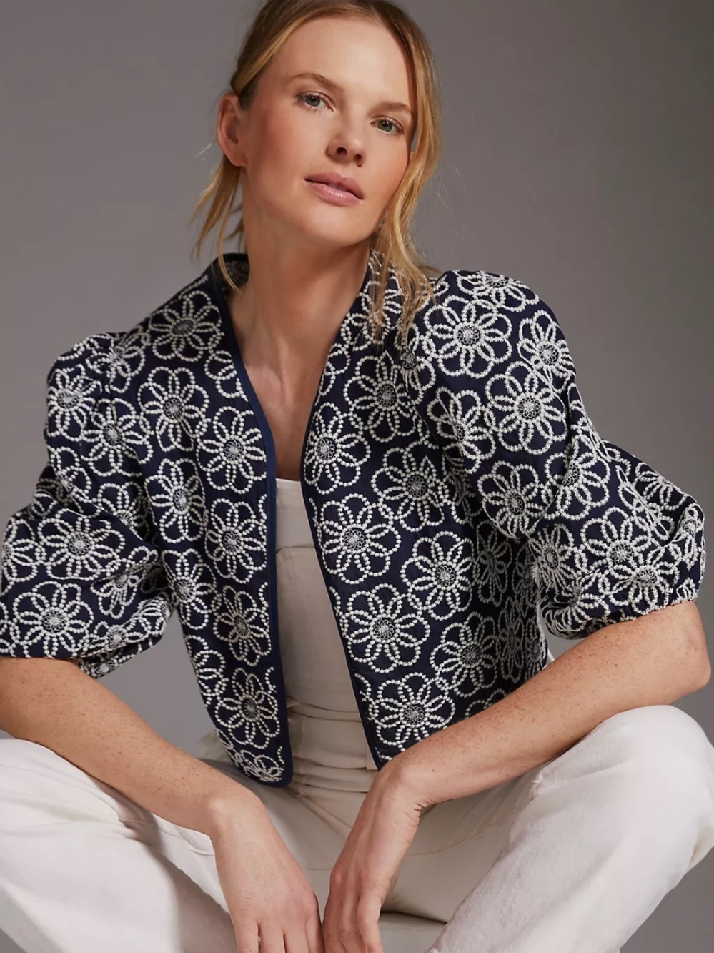 Anthropologie Navy and White Floral Embroidered Cropped Blazer